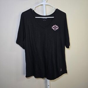 Harley Davidson Black Pink Ribbon V-Neck Graphic‎ Tee T-Shirt XL Extra Large